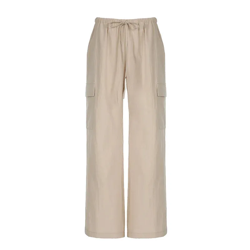 Metaversmall Casual Solid Cargo Style Women Trousers Basic Straight Leg Streetwear Homewear Full Length Pants Pockets Capris New