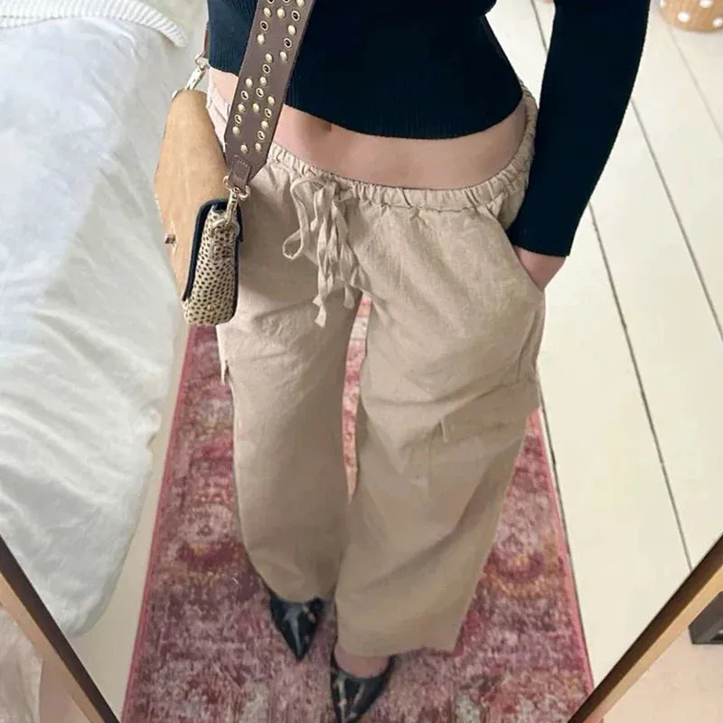 Metaversmall Casual Solid Cargo Style Women Trousers Basic Straight Leg Streetwear Homewear Full Length Pants Pockets Capris New