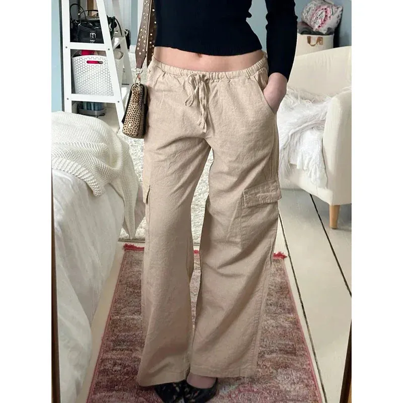 Metaversmall Casual Solid Cargo Style Women Trousers Basic Straight Leg Streetwear Homewear Full Length Pants Pockets Capris New