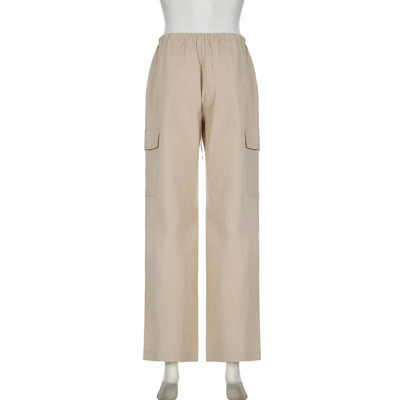 Metaversmall Casual Solid Cargo Style Women Trousers Basic Straight Leg Streetwear Homewear Full Length Pants Pockets Capris New