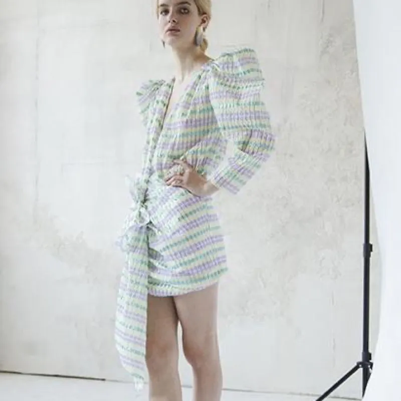 Mini Dress With Buff Long Sleeve & Big Flower on Skirt Sorbet Color Stripes