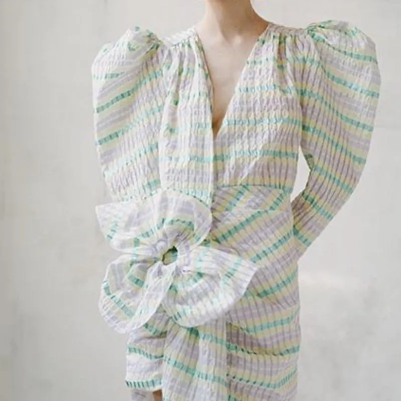 Mini Dress With Buff Long Sleeve & Big Flower on Skirt Sorbet Color Stripes