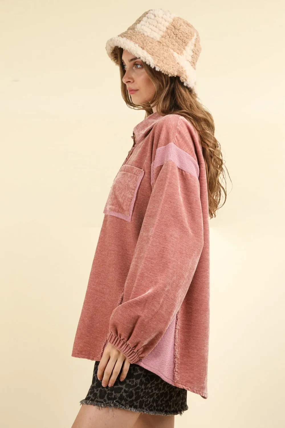 Mixed Media Button Down Raw Hem Shacket