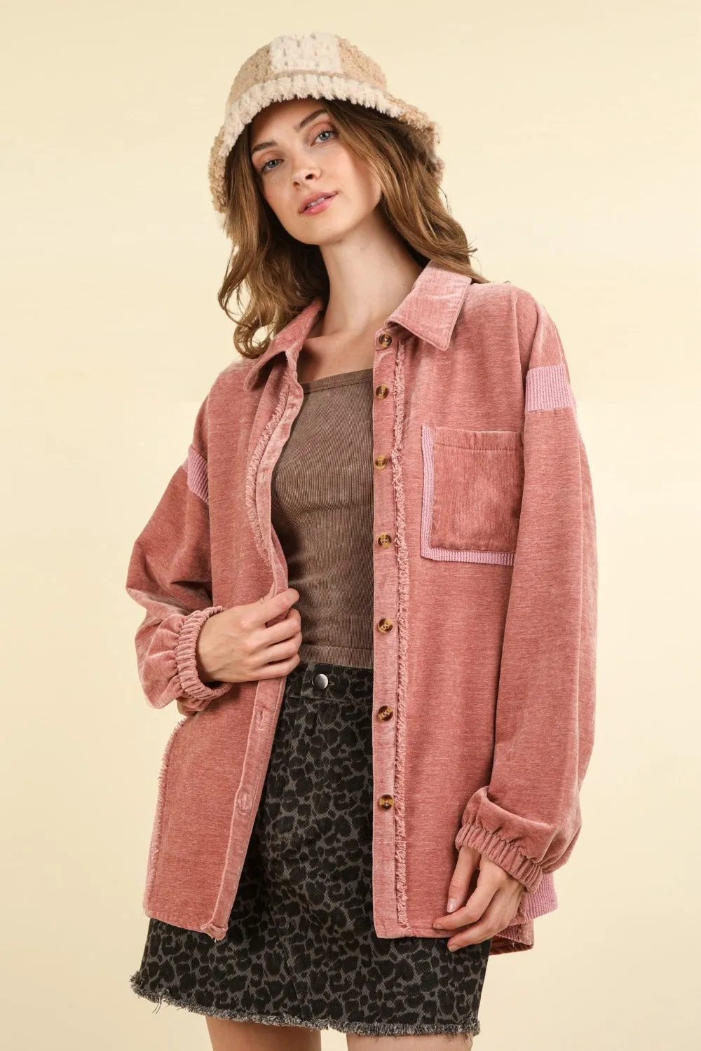 Mixed Media Button Down Raw Hem Shacket