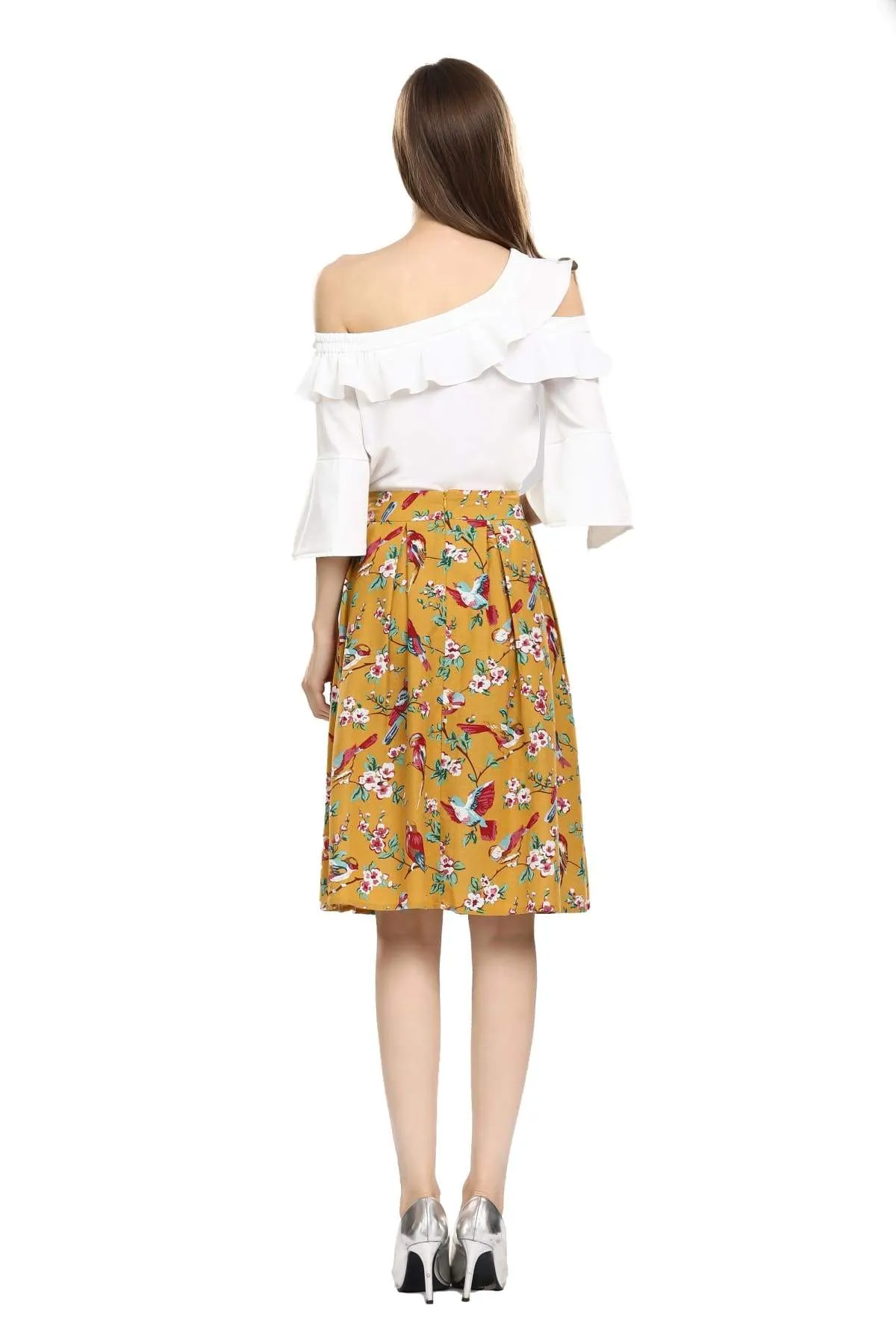 Mustard Yellow Red Bird Floral Box Pleated Skirt With Pockets