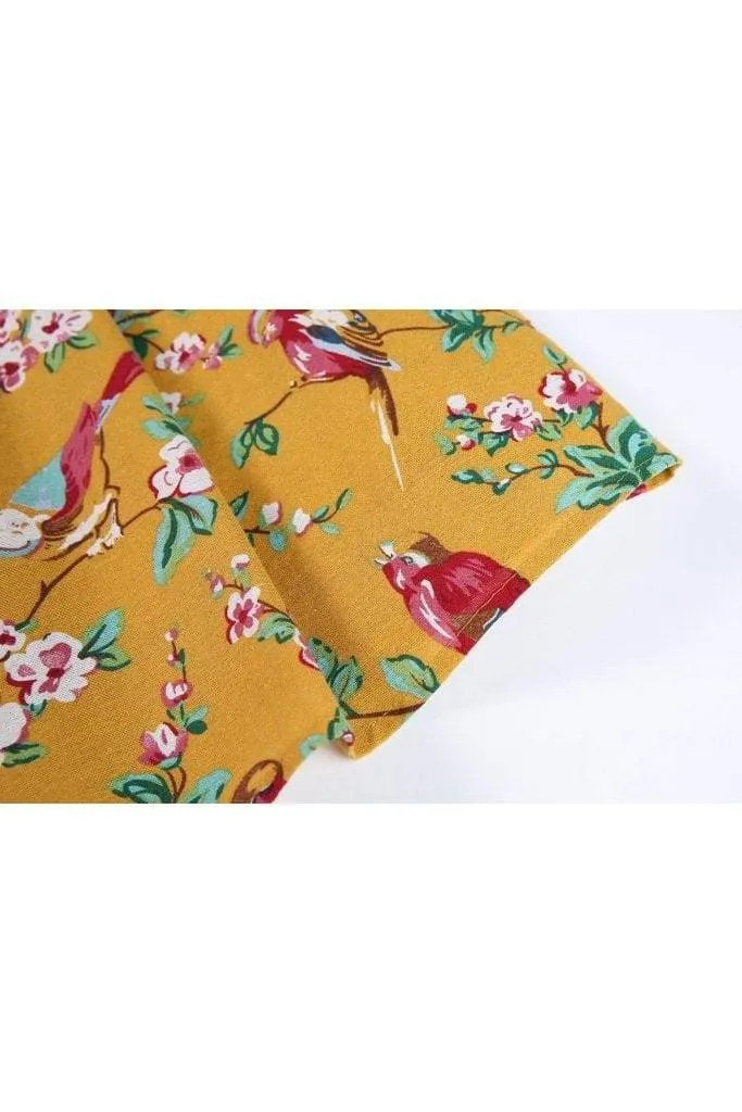 Mustard Yellow Red Bird Floral Box Pleated Skirt With Pockets