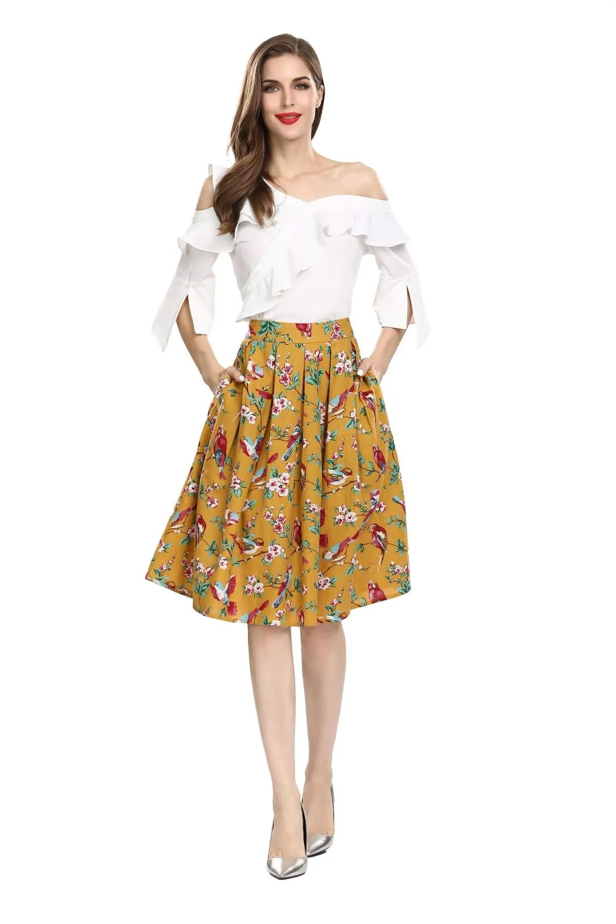 Mustard Yellow Red Bird Floral Box Pleated Skirt With Pockets