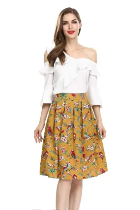 Mustard Yellow Red Bird Floral Box Pleated Skirt With Pockets