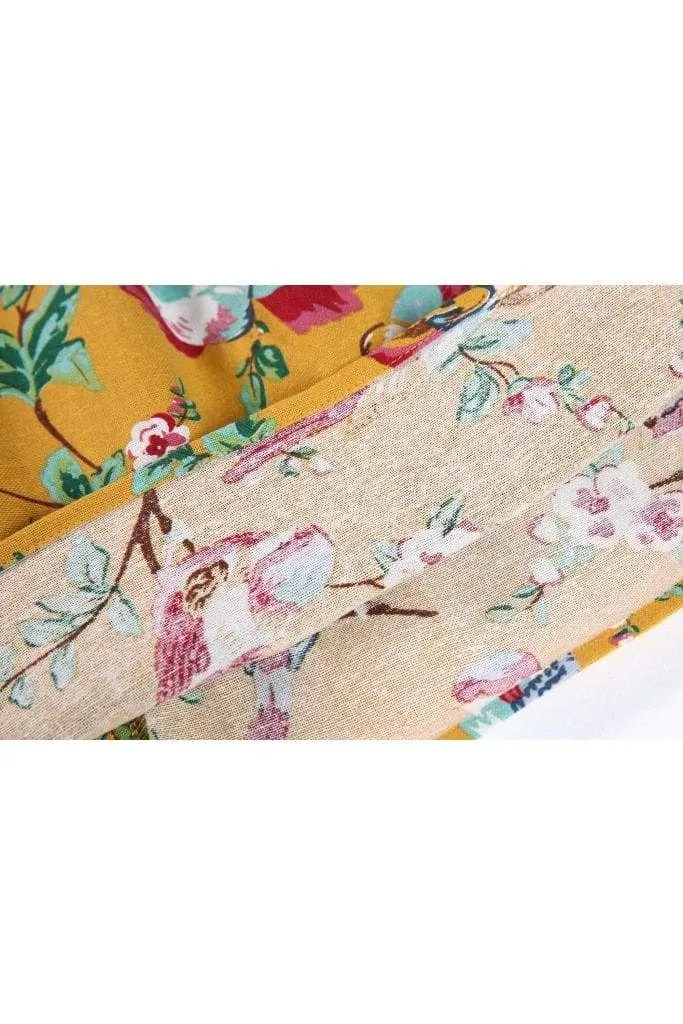 Mustard Yellow Red Bird Floral Box Pleated Skirt With Pockets