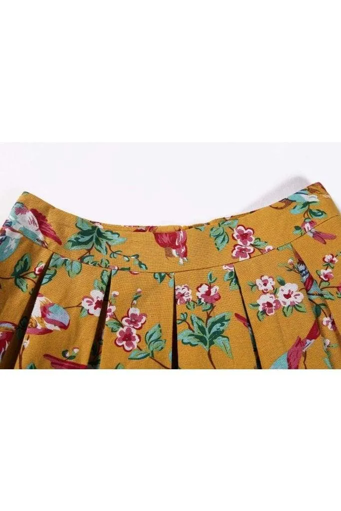 Mustard Yellow Red Bird Floral Box Pleated Skirt With Pockets