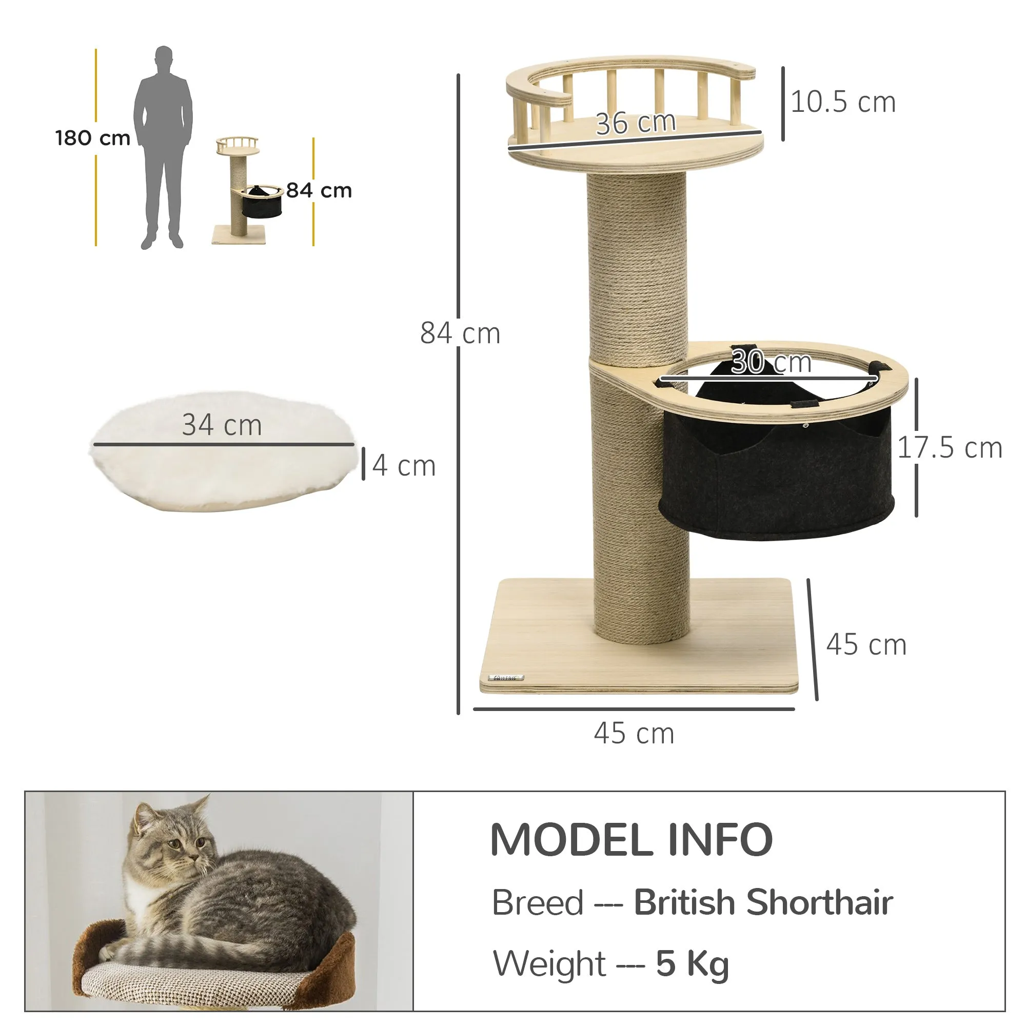 PawHut 84cm Kitty Activity Centre w/ Jute Scratching Post - Natural Finish