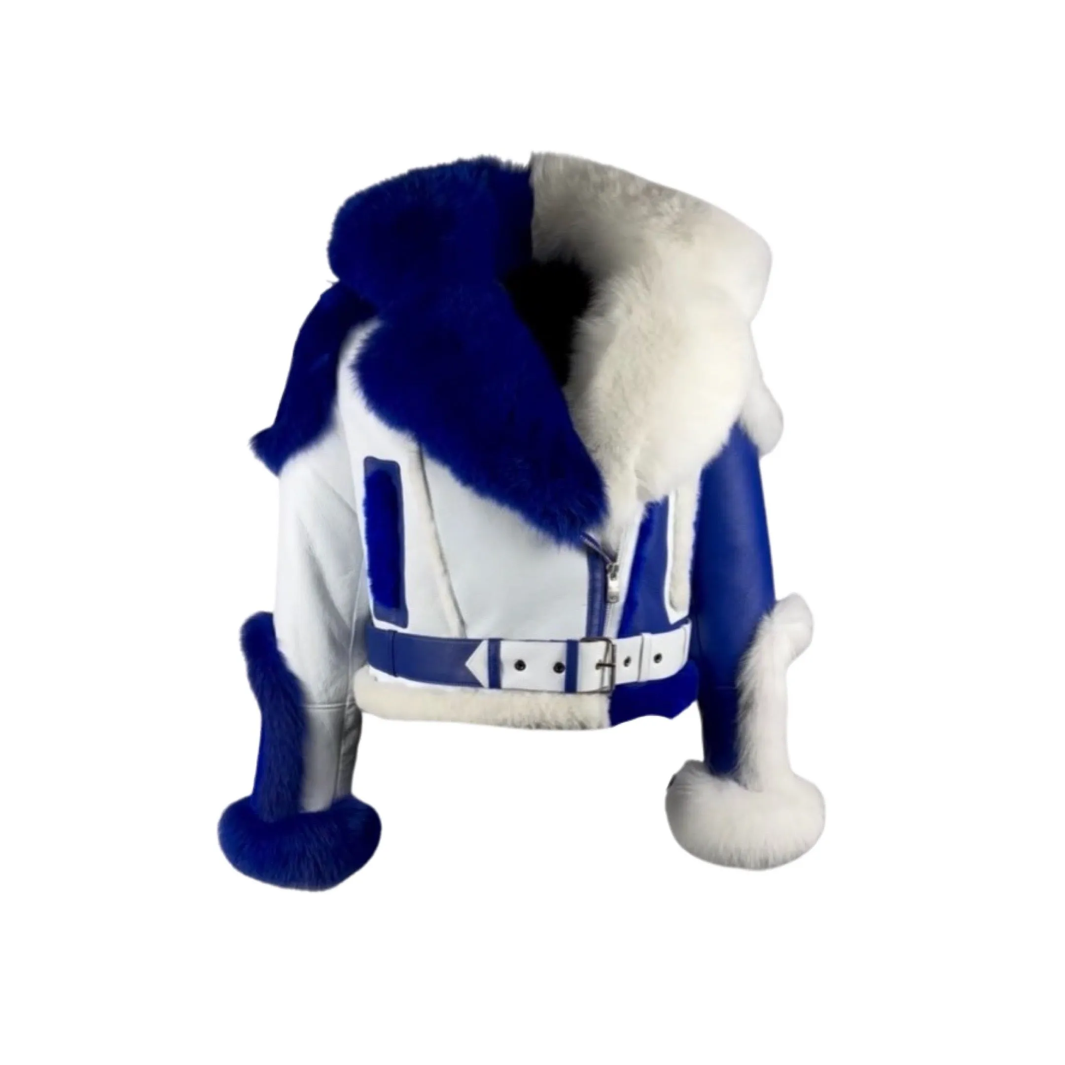 Royal Blue and White Biker Shearling Jacket with Fox Trim Style# 3105