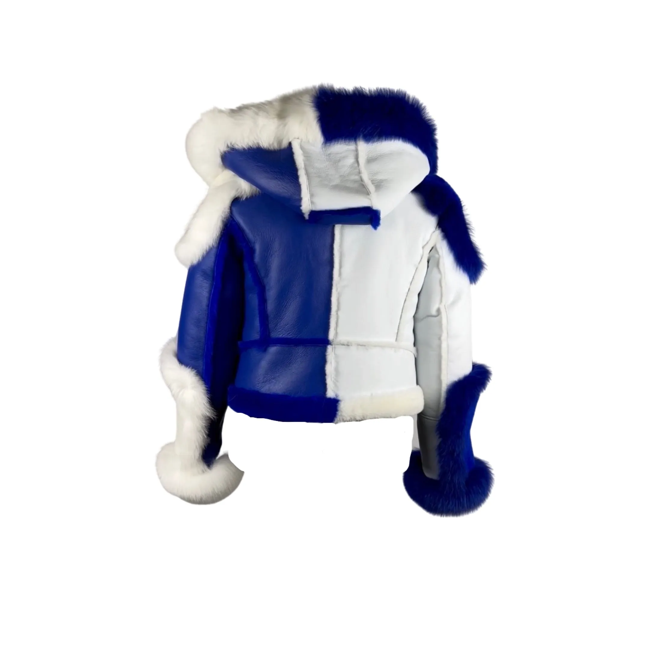 Royal Blue and White Biker Shearling Jacket with Fox Trim Style# 3105
