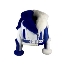 Royal Blue and White Biker Shearling Jacket with Fox Trim Style# 3105