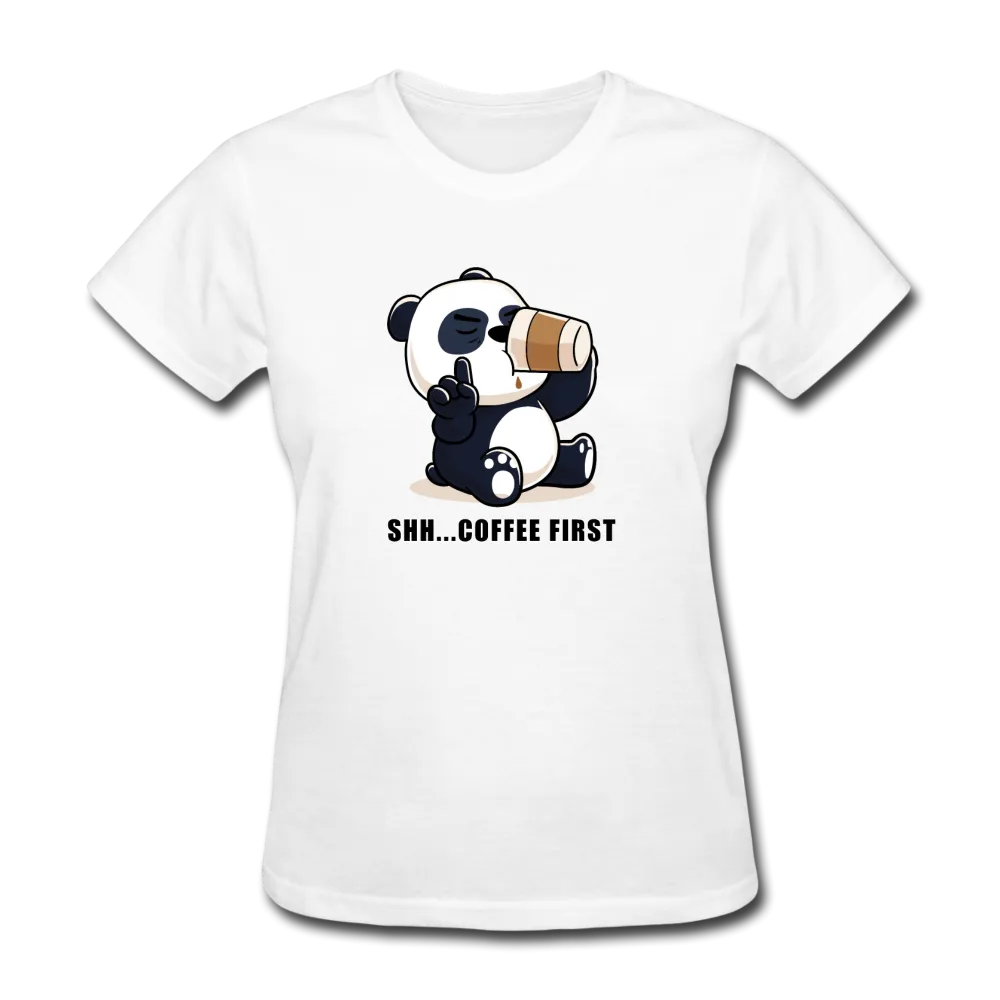 Shh.. Coffee First Panda Women's Funny T-Shirt (Light Colors)