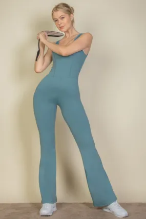 Solid Flare Leg Sports Jumpsuit