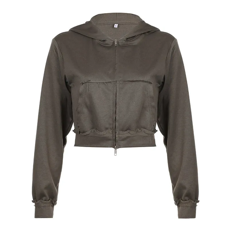 Streetwear Stitched Ruched Zip-Up Hooded Jacket Women Grunge Harajuku Autumn Coats Cropped Outwear Retro Distressed