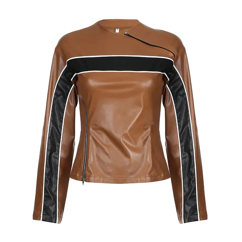 Streetwear Zipper Stripe Patchwork Leather Jacket Women Fashion Design Autumn Coat Winter Clothes Moto Style Outwear