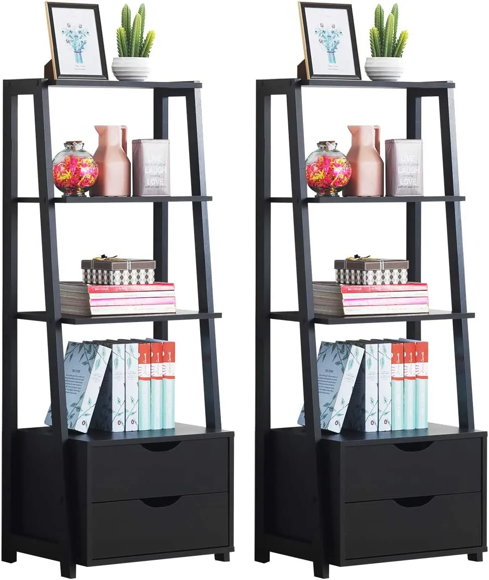 Tangkula Ladder Shelf Bookcase, Free Standing 4-Tier Bookshelf with 2 Storage Drawers