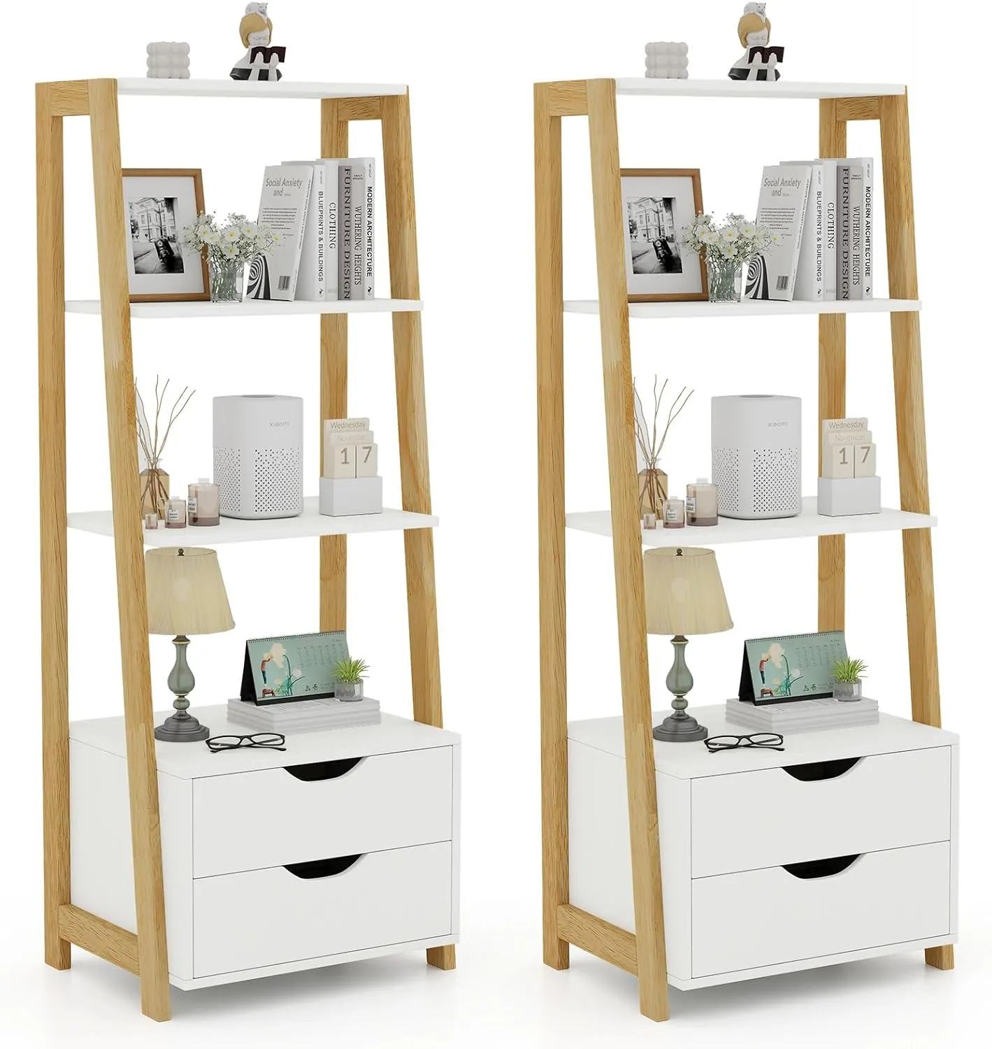 Tangkula Ladder Shelf Bookcase, Free Standing 4-Tier Bookshelf with 2 Storage Drawers