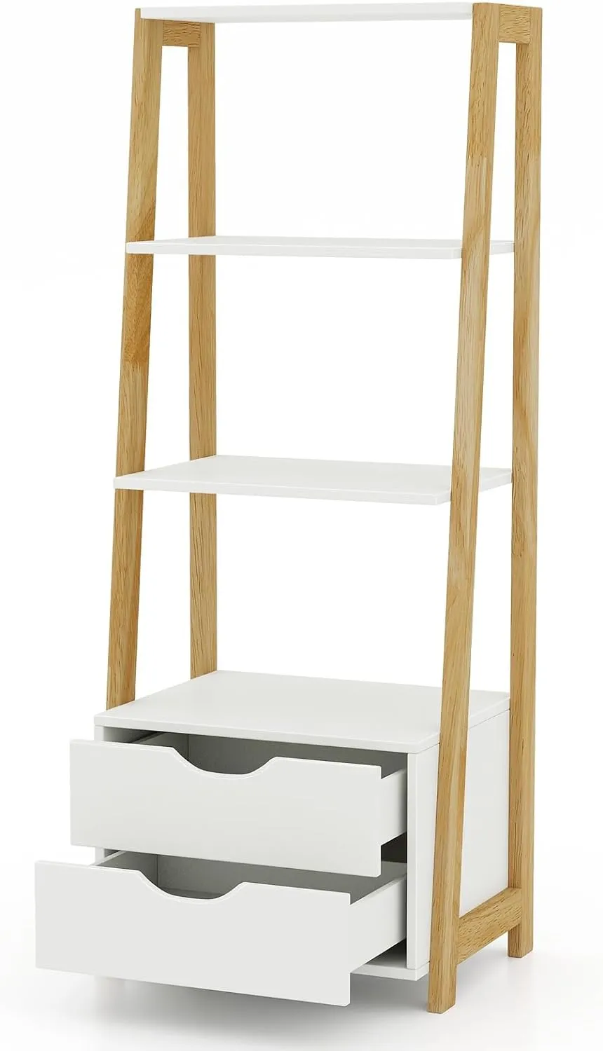 Tangkula Ladder Shelf Bookcase, Free Standing 4-Tier Bookshelf with 2 Storage Drawers