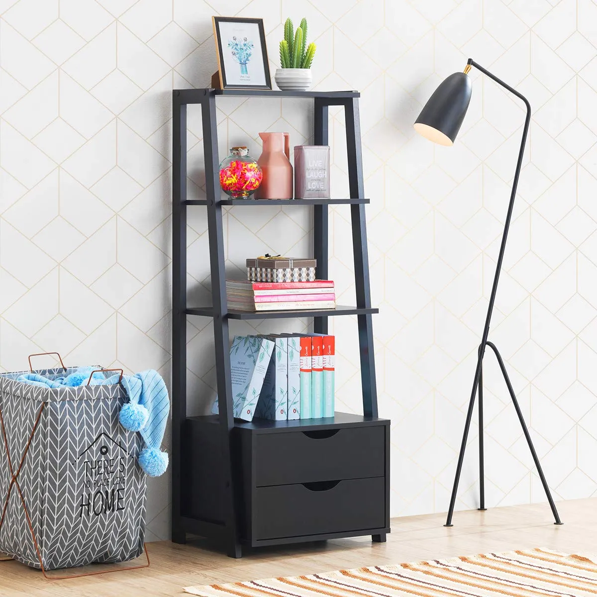 Tangkula Ladder Shelf Bookcase, Free Standing 4-Tier Bookshelf with 2 Storage Drawers