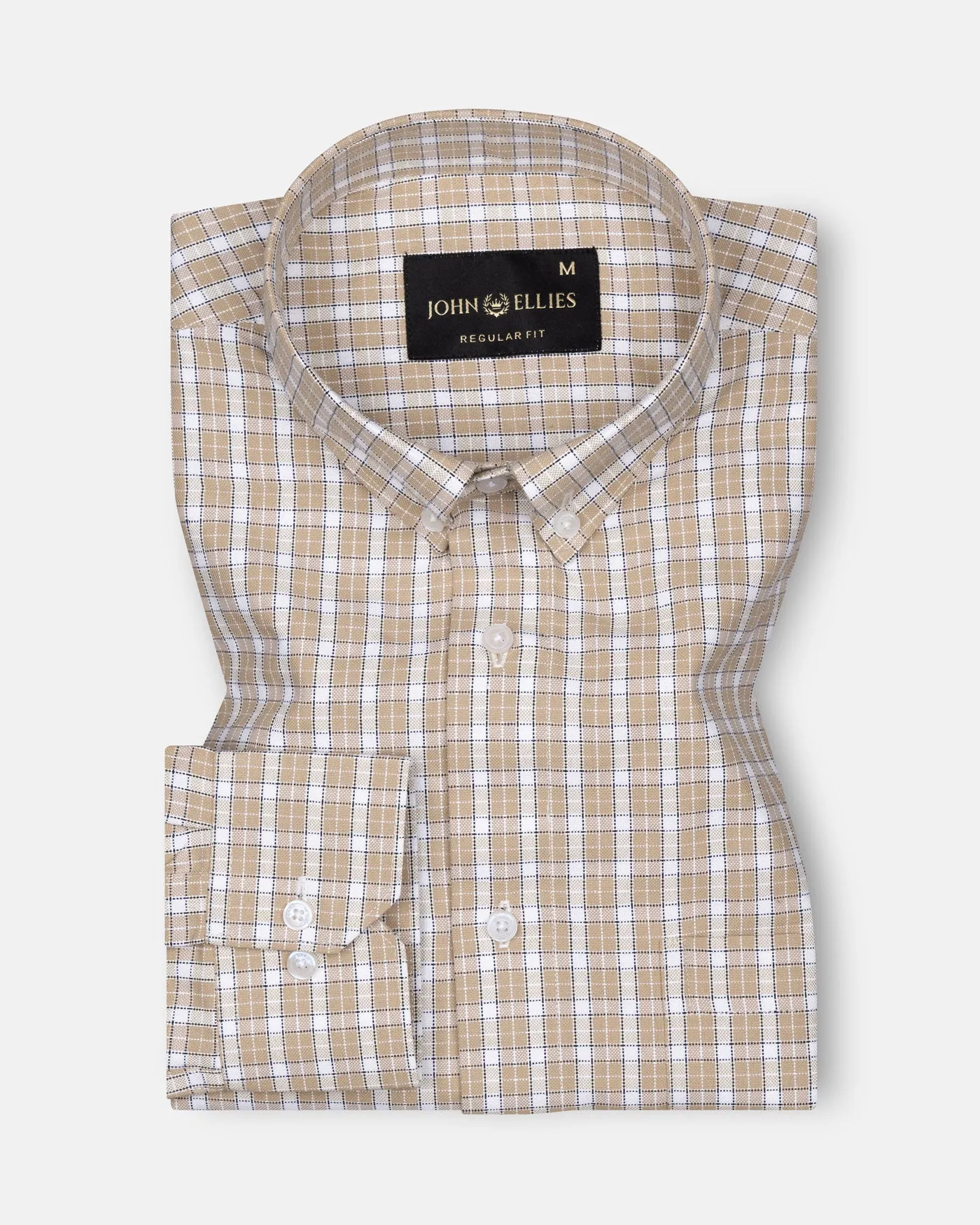 Tauris Khaki Brown Checked Button Down Cotton Shirt