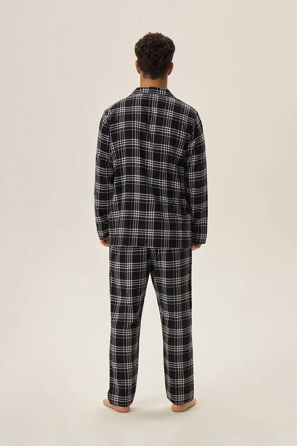 TEEK - Mens Classic Plaid Black Buttoned Top Pajamas