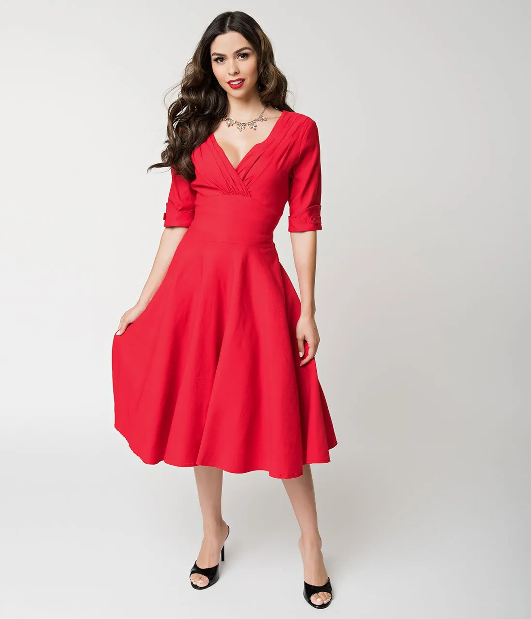 Unique Vintage 1950s Red Delores Swing Dress with Sleeves