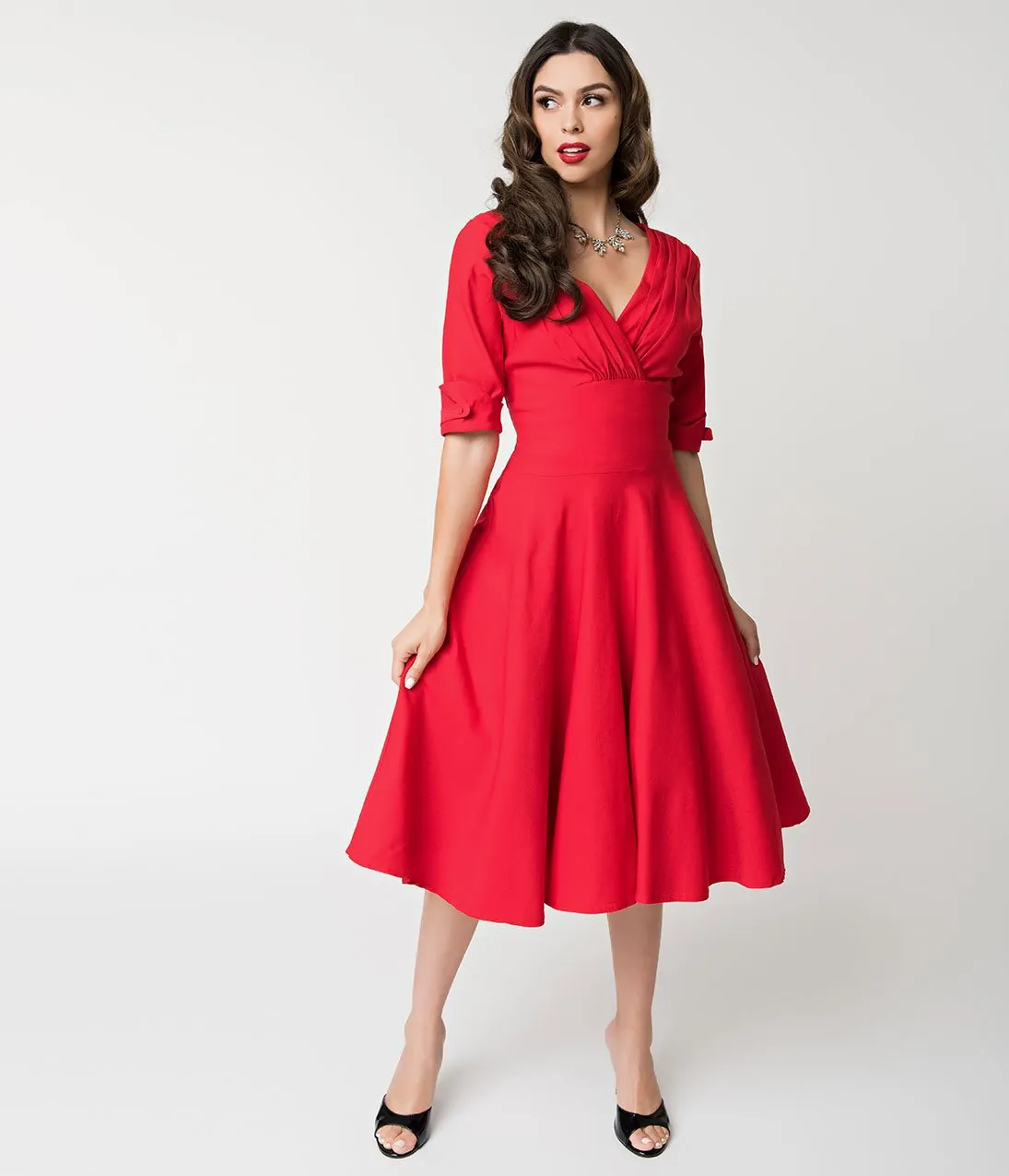 Unique Vintage 1950s Red Delores Swing Dress with Sleeves