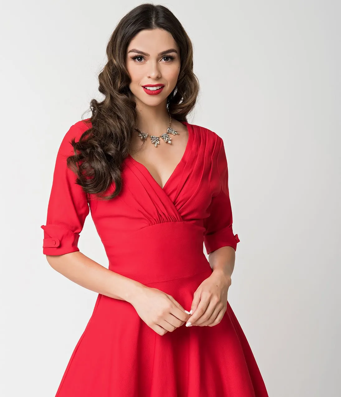Unique Vintage 1950s Red Delores Swing Dress with Sleeves