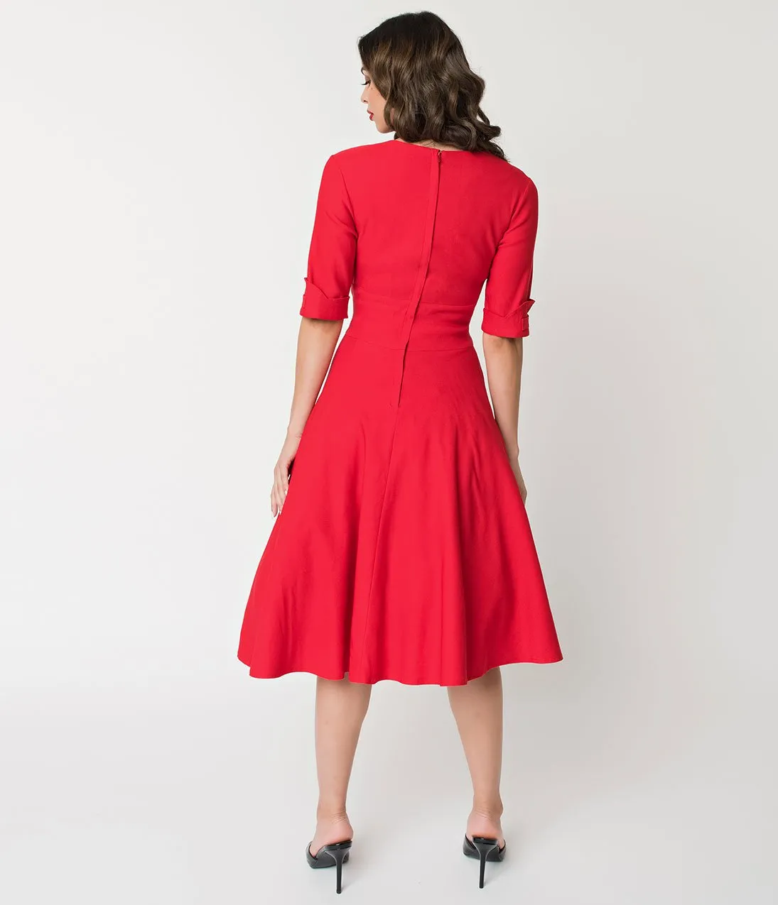 Unique Vintage 1950s Red Delores Swing Dress with Sleeves