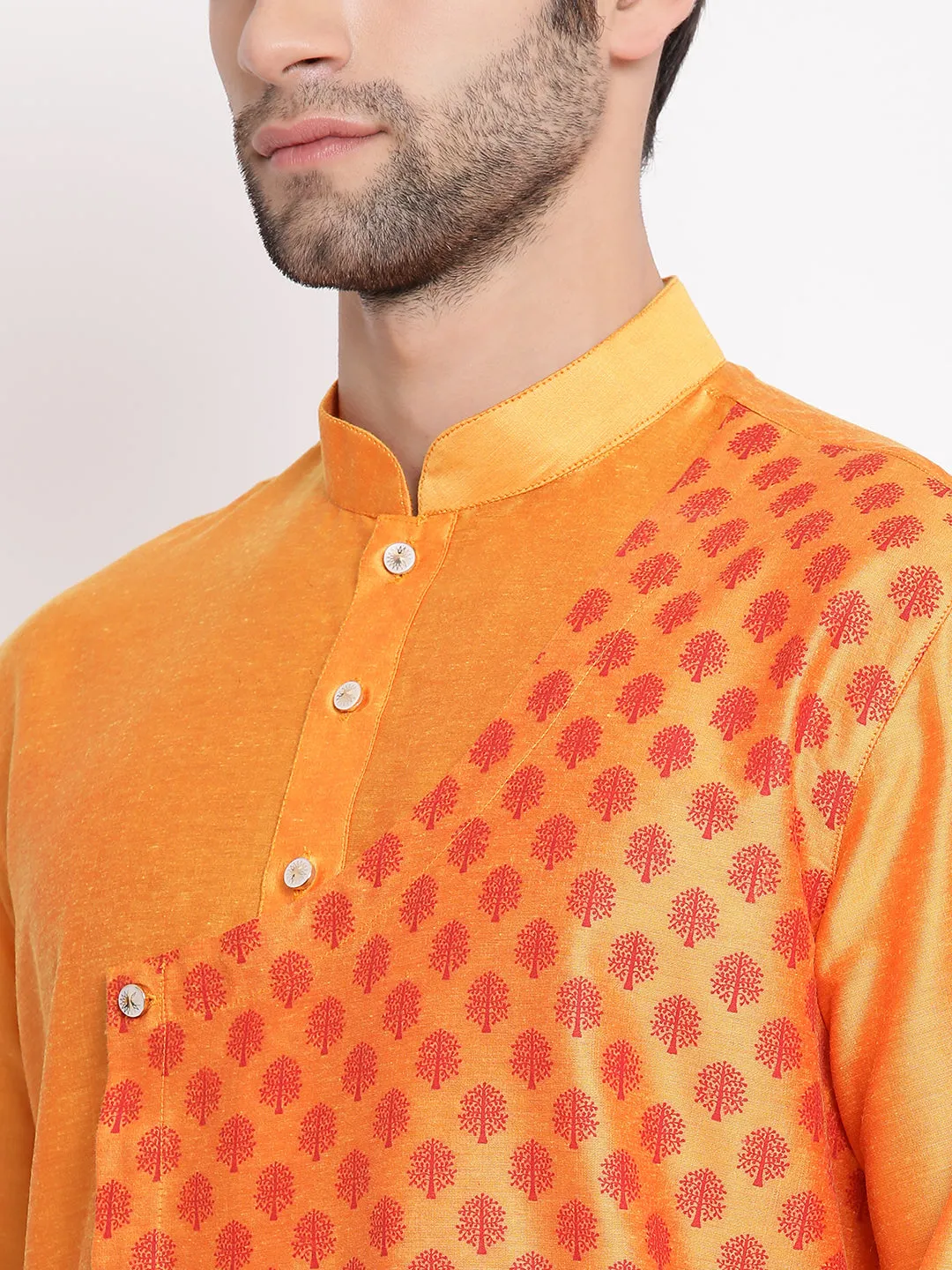 VASTRAMAY Baap Beta Orange Silk Blend Printed Angrakha Design Kurta Pyjama Set