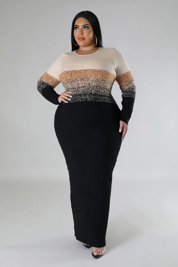 Voluptuous ( ) Ombre Stripe Round Neckline Semi-stretch Dress