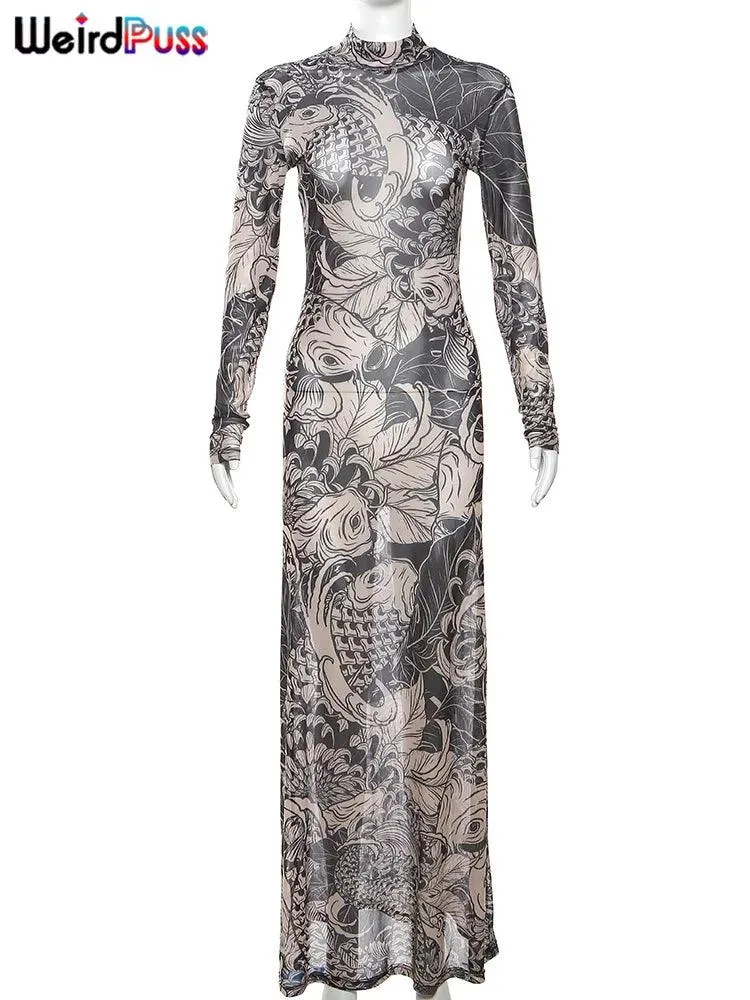 Weird Puss Mesh Print Maxi Dress: Stylish Autumn Attire for Fashion-Forward Hipsters