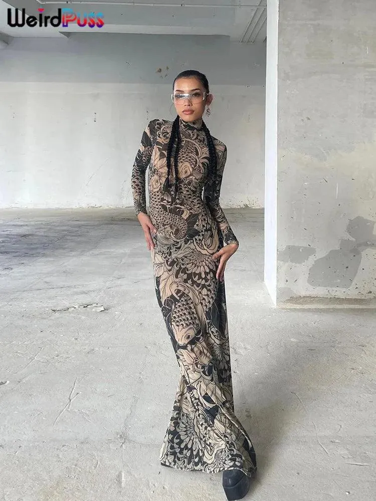 Weird Puss Mesh Print Maxi Dress: Stylish Autumn Attire for Fashion-Forward Hipsters