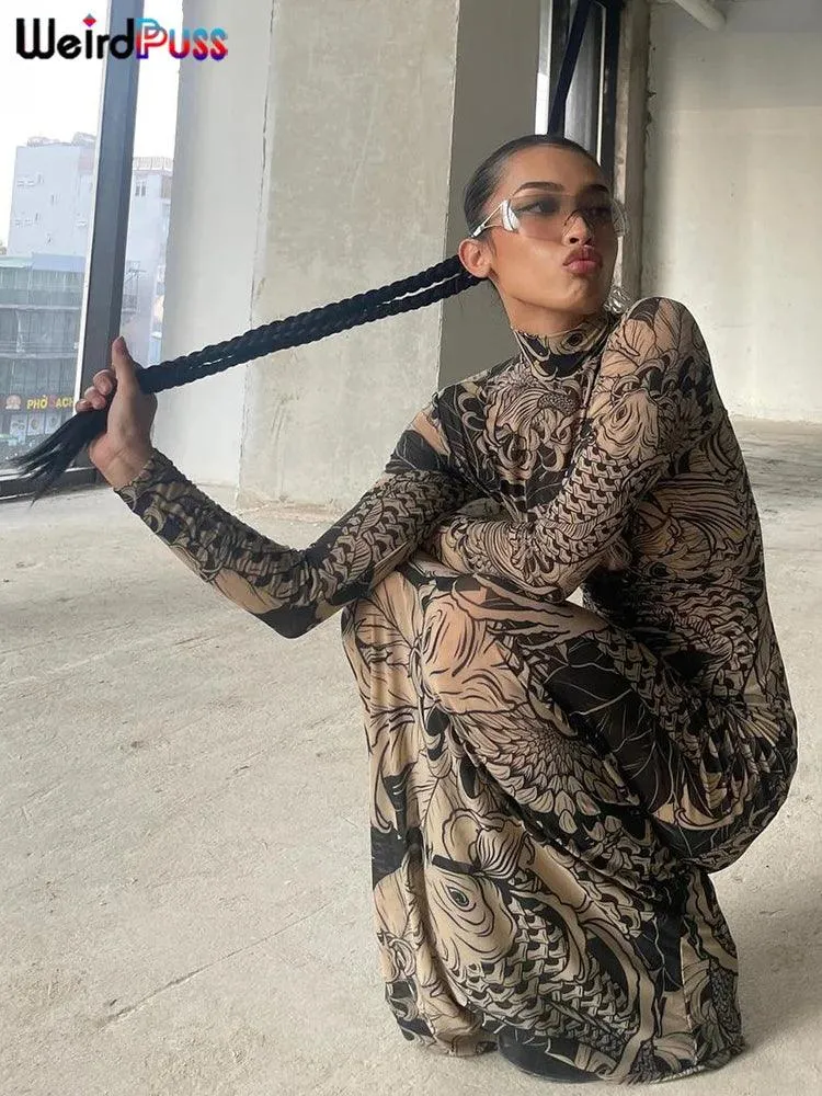 Weird Puss Mesh Print Maxi Dress: Stylish Autumn Attire for Fashion-Forward Hipsters
