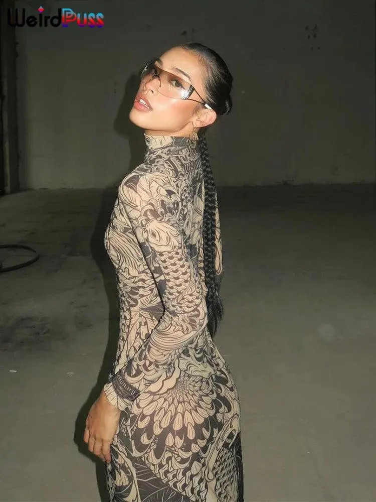 Weird Puss Mesh Print Maxi Dress: Stylish Autumn Attire for Fashion-Forward Hipsters