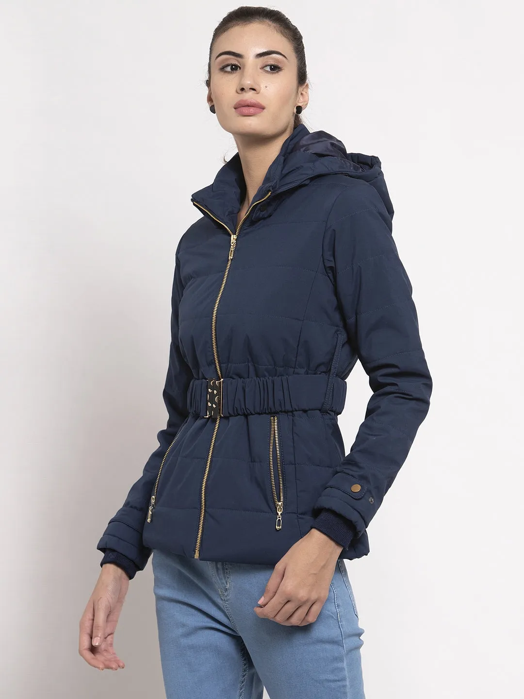 Women Navy Solid Hooded Jacket