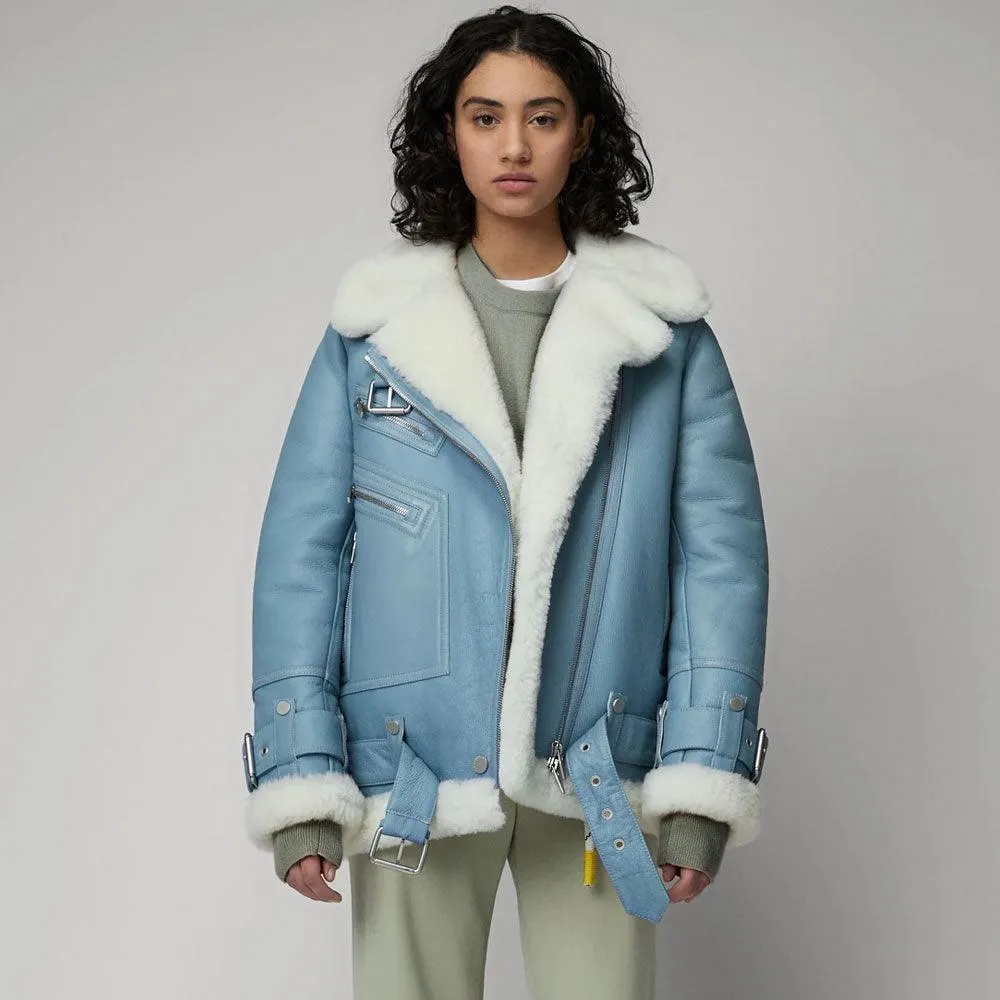 Women's Light Blue B3 RAF Aviator Styled Sheepskin Shearling Leather Jacket